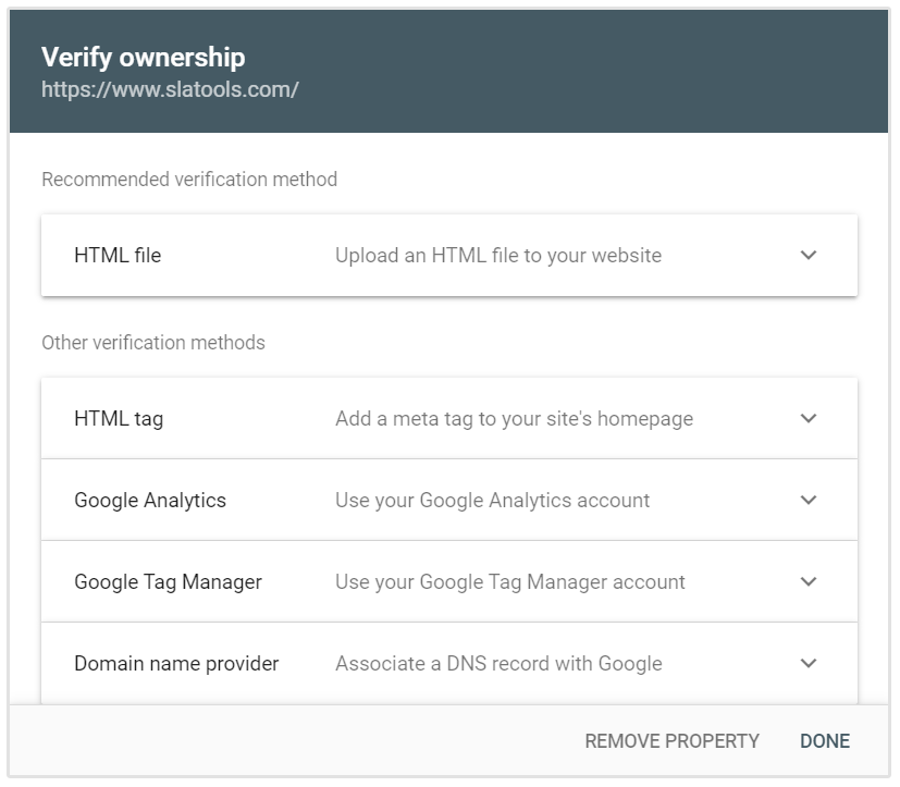 Opsi Verifikasi URL Google Search Console